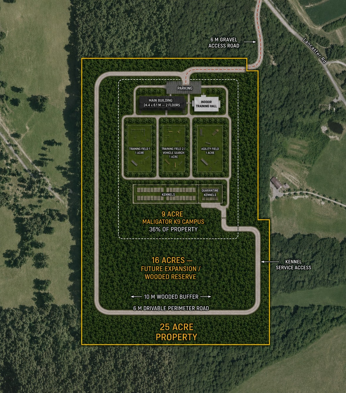 Maligator K9 25-acre campus site plan with nine-acre training campus and future expansion