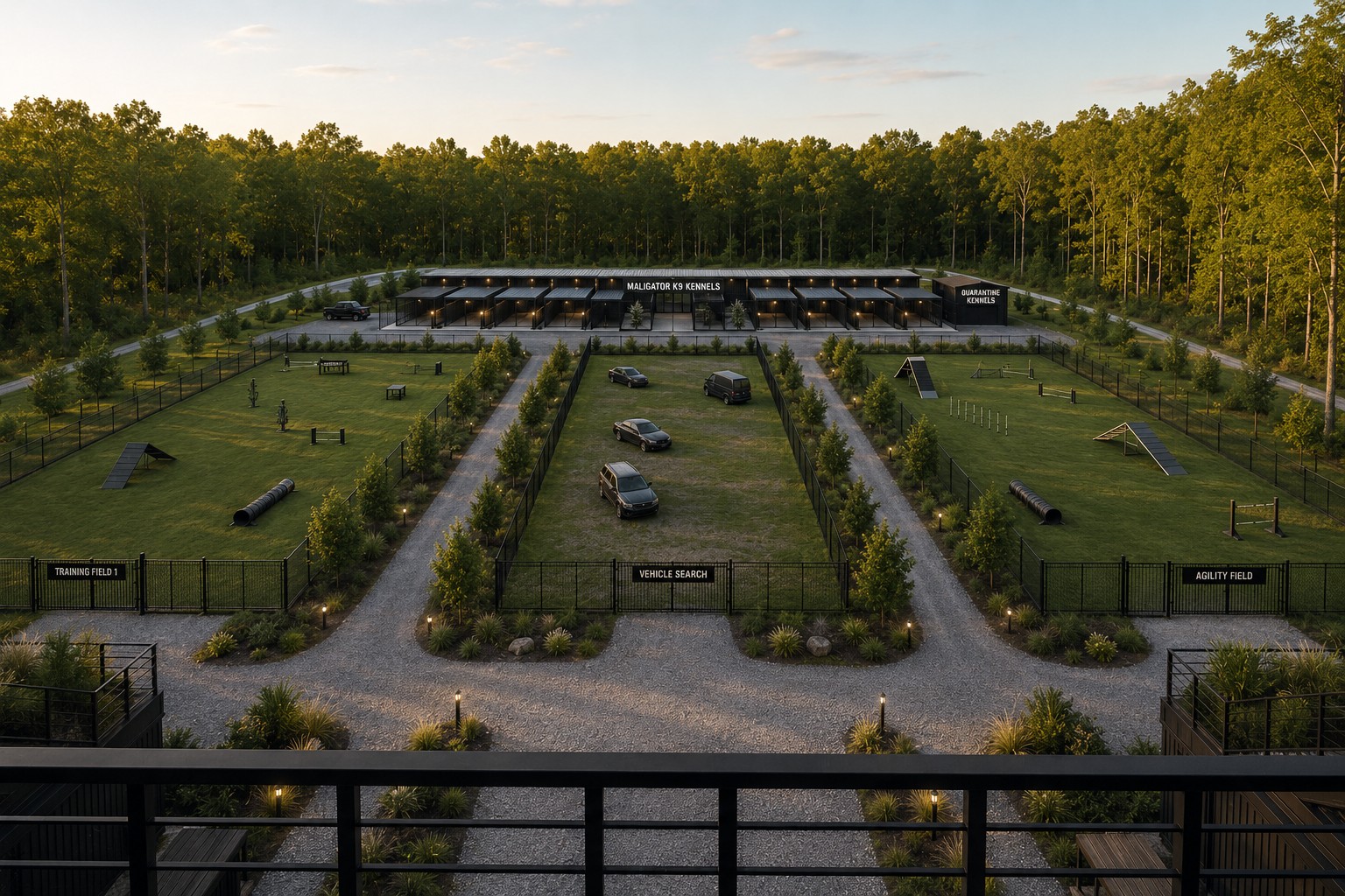 Rear view from the Maligator K9 main building across training fields to the kennels